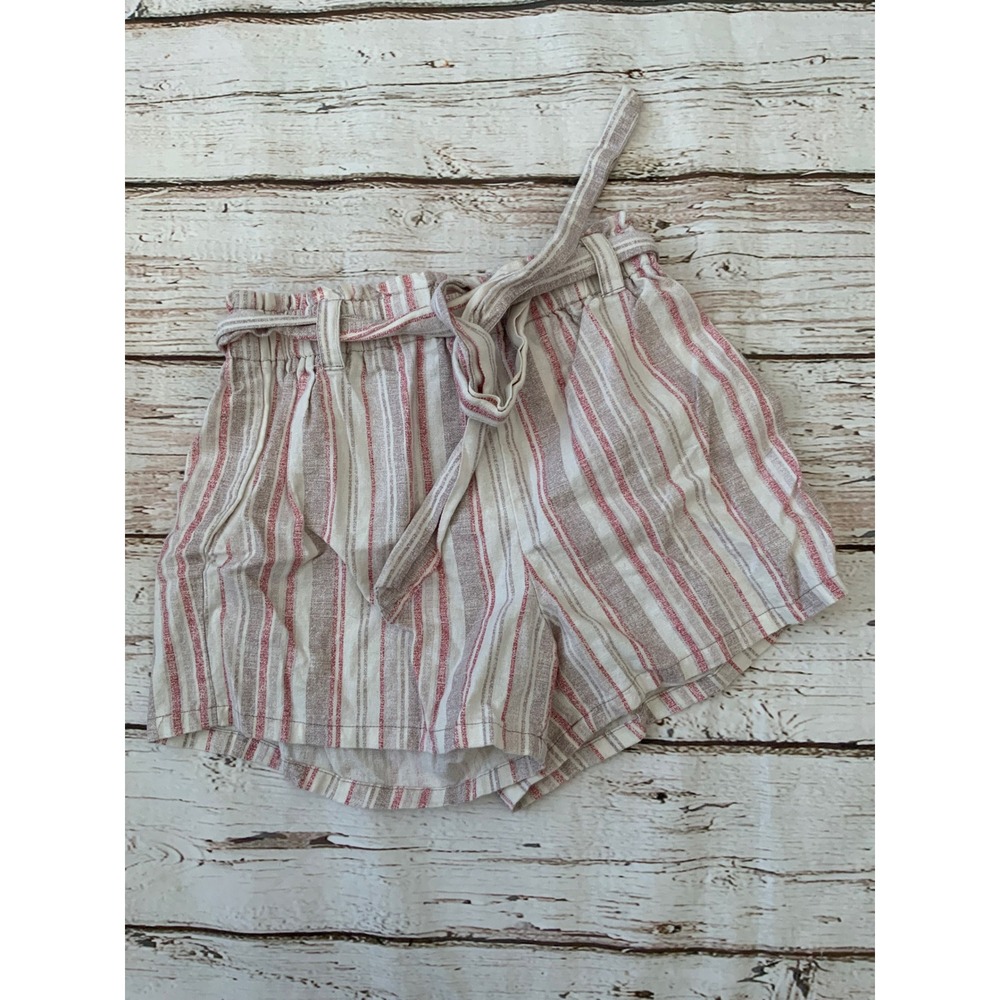 Bebop Striped Linen‎ Blend Paperbag Waist Shorts Red Tan XS Boho Summer Beach